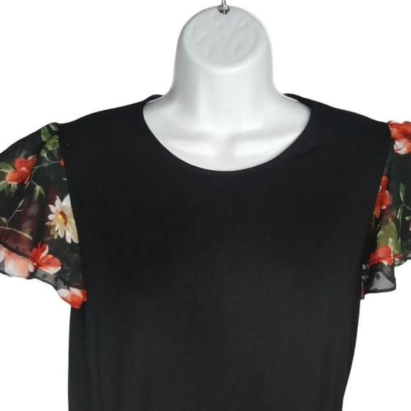 Faith and  Joy by Mondeau Top Layered Ruffle Capped Sleeves Floral Black M - Picture 2 of 8